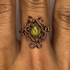 Elegant Brass Wire Wrapped Ring with Olive Gem